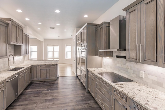 kitchen with appliances with stainless steel finishes, dark hardwood / wood-style floors, wall chimney exhaust hood, and sink