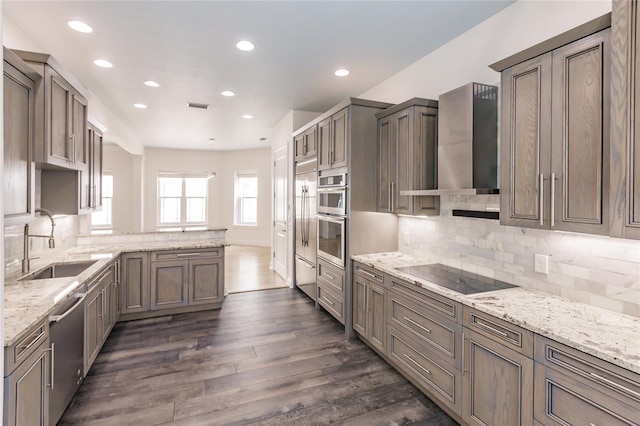 kitchen with backsplash, sink, wall chimney exhaust hood, dark hardwood / wood-style floors, and stainless steel appliances