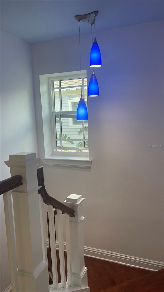 stairway featuring hardwood / wood-style flooring