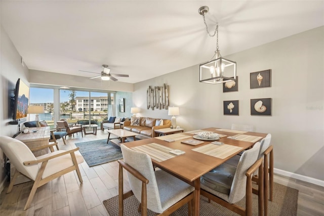 dining room with hardwood / wood-style floors and ceiling fan with notable chandelier