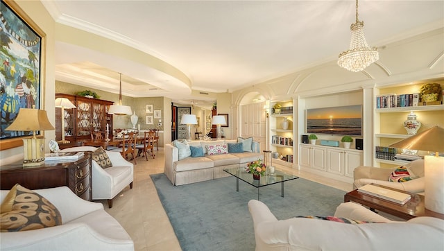 living room with built in shelves, light tile patterned floors, an inviting chandelier, and ornamental molding