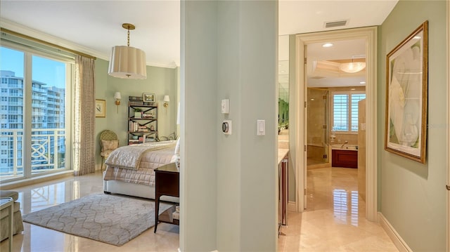 tiled bedroom featuring multiple windows and crown molding