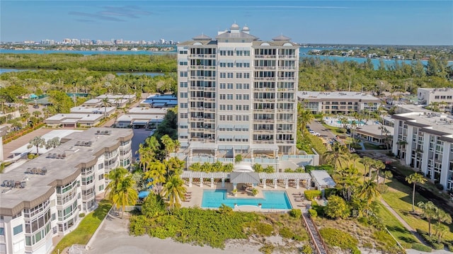 birds eye view of property featuring a water view