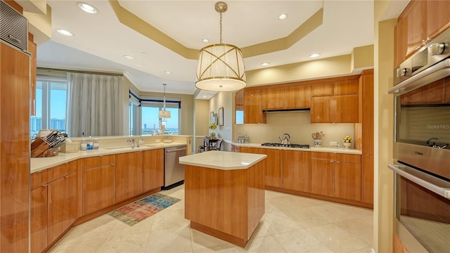 kitchen with stainless steel appliances, light countertops, modern cabinets, brown cabinets, and recessed lighting