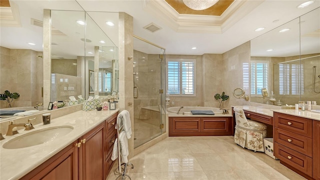 full bath with ornamental molding, a stall shower, a bath, vanity, and tile walls