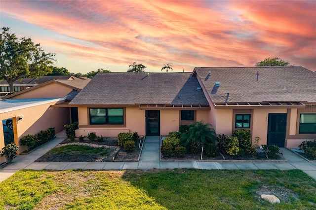 multi unit property with roof with shingles, stucco siding, and a yard