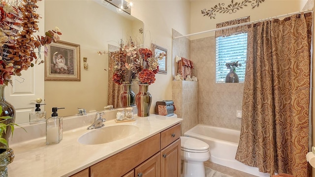 full bathroom with tile patterned flooring, vanity, toilet, and shower / tub combo with curtain