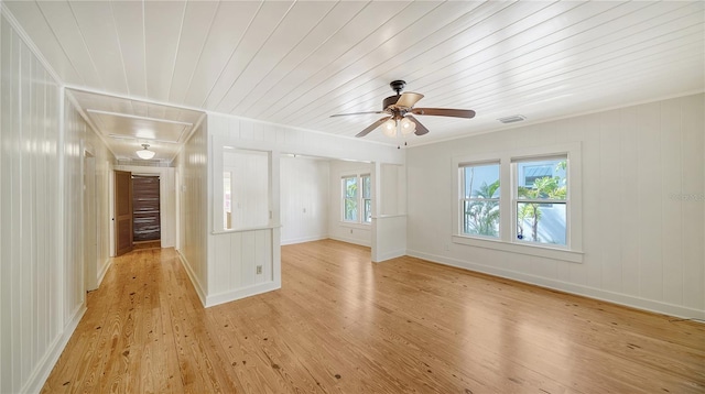 spare room with light hardwood / wood-style flooring, ceiling fan, and wood ceiling