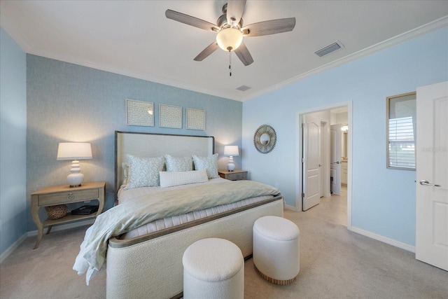 bedroom featuring ceiling fan, crown molding, and light colored carpet