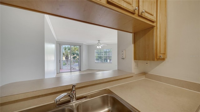 kitchen with light brown cabinets, ceiling fan, ornamental molding, and sink