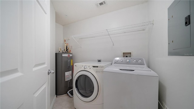 clothes washing area featuring a textured ceiling, electric panel, washer and clothes dryer, and water heater