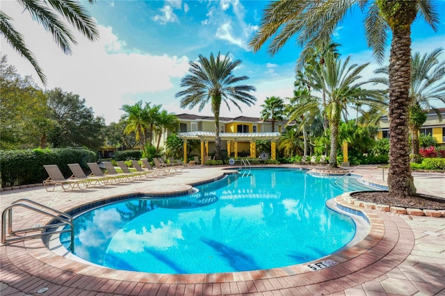 view of pool with a pergola and a patio area