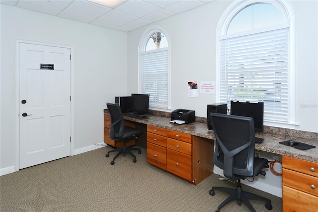 carpeted office space featuring a paneled ceiling, a healthy amount of sunlight, and built in desk