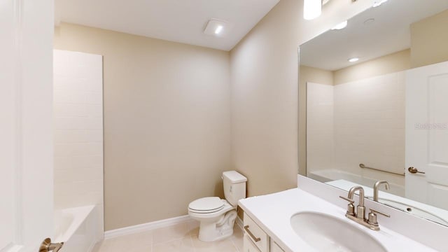 full bathroom featuring vanity, washtub / shower combination, tile patterned floors, and toilet