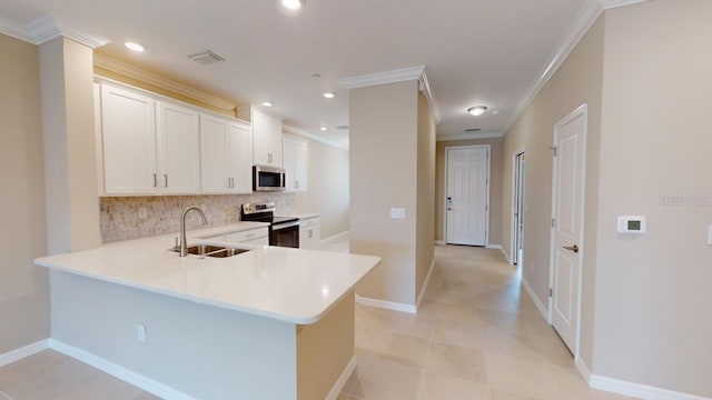 kitchen featuring kitchen peninsula, white cabinets, sink, and appliances with stainless steel finishes