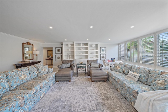 living room featuring light colored carpet and ornamental molding