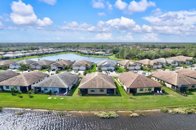 bird's eye view with a water view