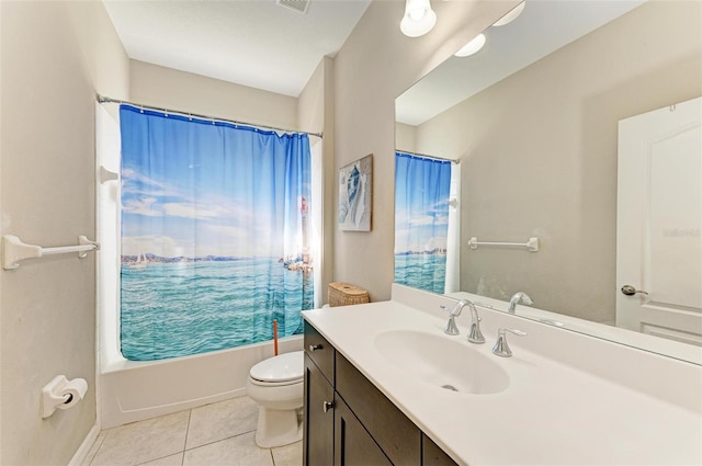 full bathroom featuring tile patterned floors, vanity, shower / bath combination with curtain, and toilet