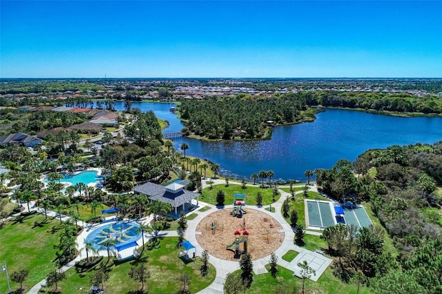 aerial view featuring a water view