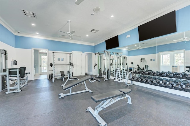 exercise room featuring crown molding, ceiling fan, and a healthy amount of sunlight