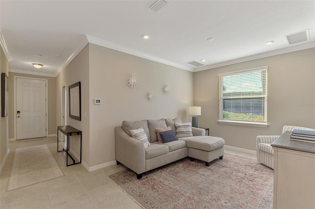 living room with light tile patterned floors and ornamental molding