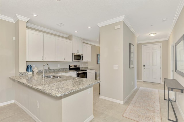 kitchen with kitchen peninsula, sink, white cabinets, and stainless steel appliances