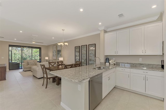 kitchen featuring sink, stainless steel dishwasher, kitchen peninsula, white cabinets, and ceiling fan with notable chandelier