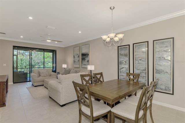 dining area featuring light tile patterned floors, ceiling fan with notable chandelier, and ornamental molding