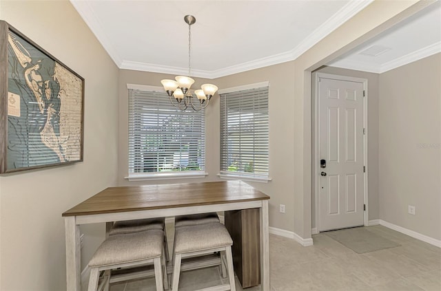 unfurnished dining area featuring light tile patterned floors, crown molding, and an inviting chandelier