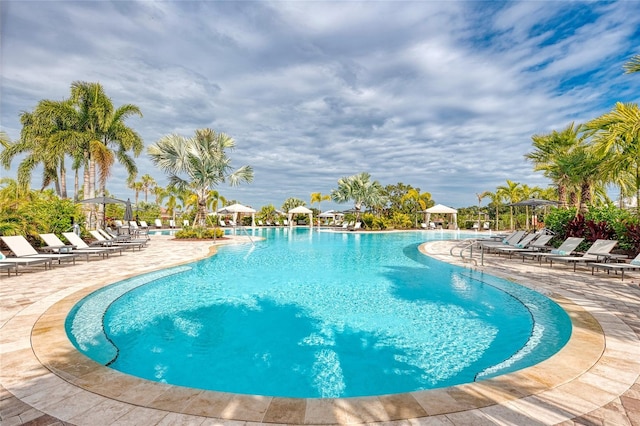 view of swimming pool featuring a patio