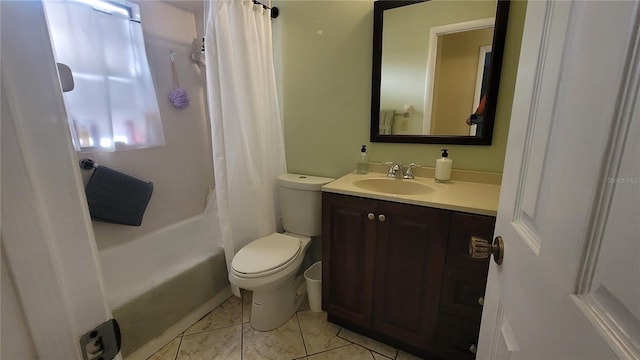 full bathroom featuring vanity, shower / tub combo, and toilet