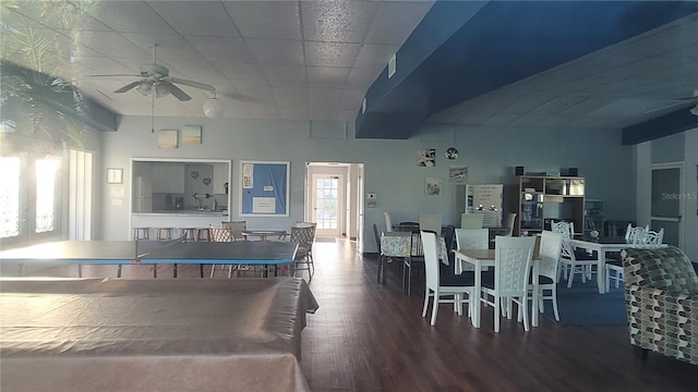 game room featuring ceiling fan and dark hardwood / wood-style flooring