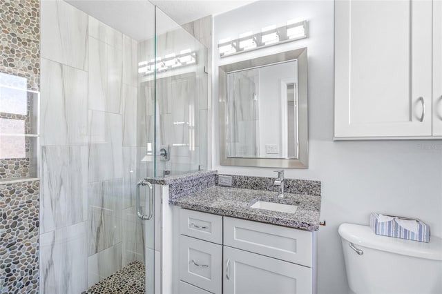 bathroom with vanity, toilet, and a shower with shower door