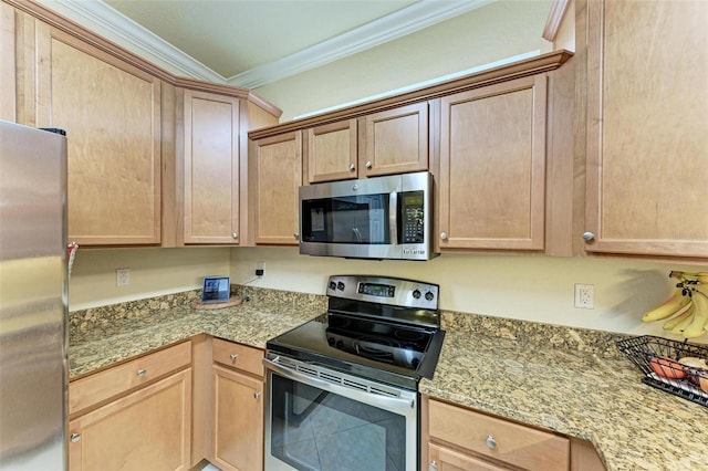 kitchen featuring light brown cabinets, light stone countertops, ornamental molding, and appliances with stainless steel finishes