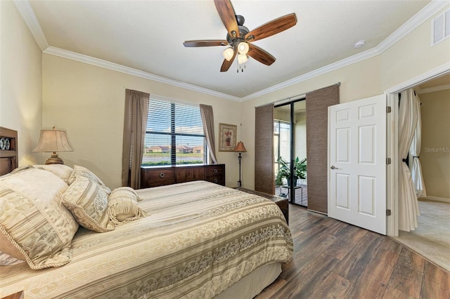 bedroom with access to outside, ceiling fan, dark wood-type flooring, and ornamental molding