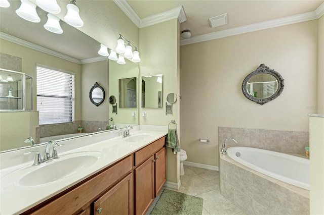 full bathroom featuring tile patterned floors, crown molding, shower with separate bathtub, toilet, and vanity