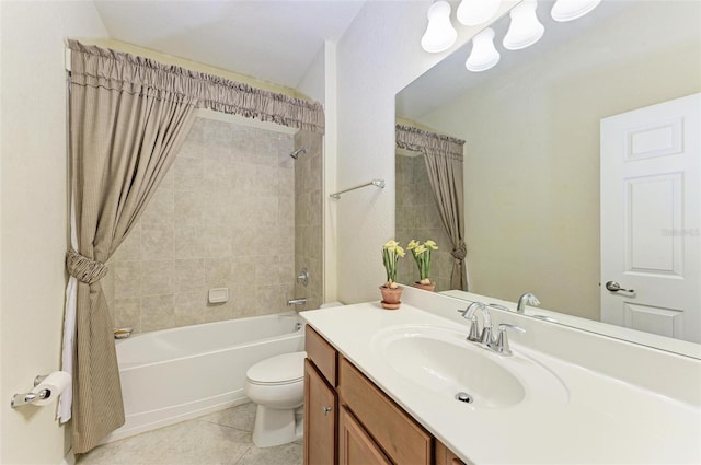 full bathroom with toilet, vanity, tile patterned floors, and shower / bathtub combination with curtain