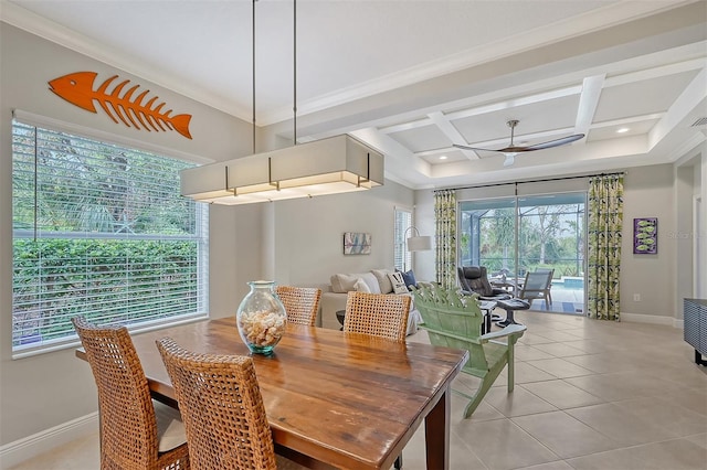 tiled dining room with ceiling fan, ornamental molding, and coffered ceiling