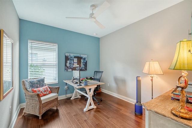 home office with ceiling fan and hardwood / wood-style flooring