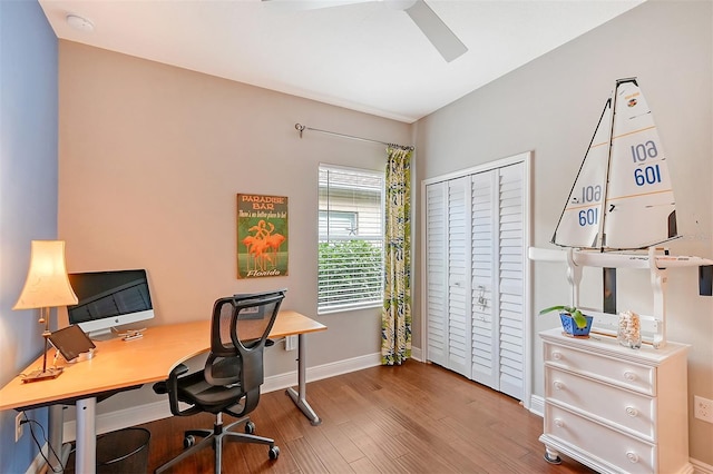 office area featuring ceiling fan and wood-type flooring