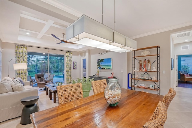 tiled dining space with beam ceiling, ceiling fan, coffered ceiling, and ornamental molding