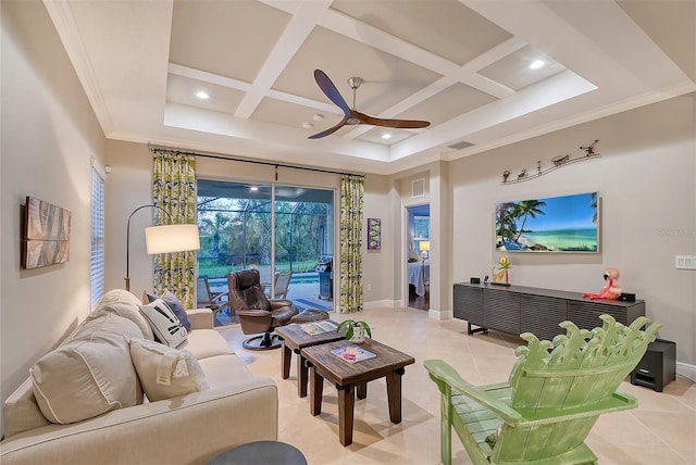 tiled living room with ceiling fan, beamed ceiling, coffered ceiling, and ornamental molding