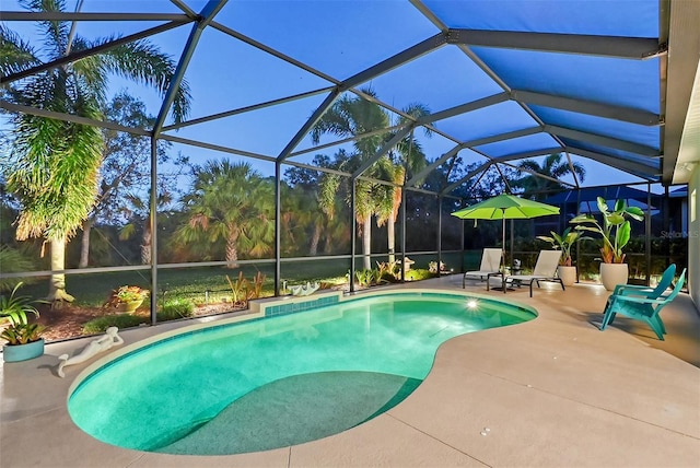 view of pool with a patio and glass enclosure