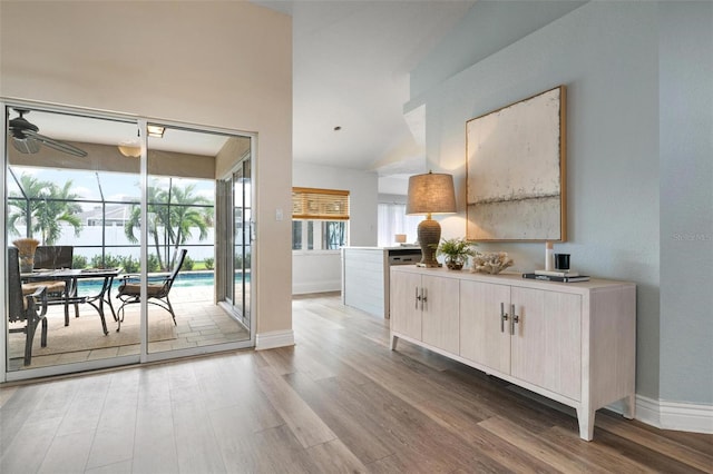 interior space with hardwood / wood-style flooring, a healthy amount of sunlight, and vaulted ceiling