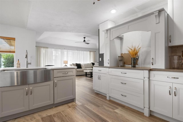 kitchen featuring a wealth of natural light, light hardwood / wood-style flooring, ceiling fan, and sink