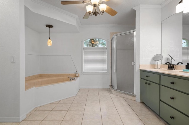 bathroom featuring tile patterned flooring, ceiling fan, crown molding, and vanity