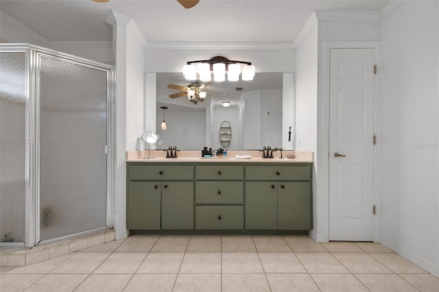 bathroom with vanity, crown molding, and ceiling fan