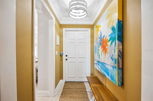 doorway with light tile patterned floors, crown molding, and a notable chandelier