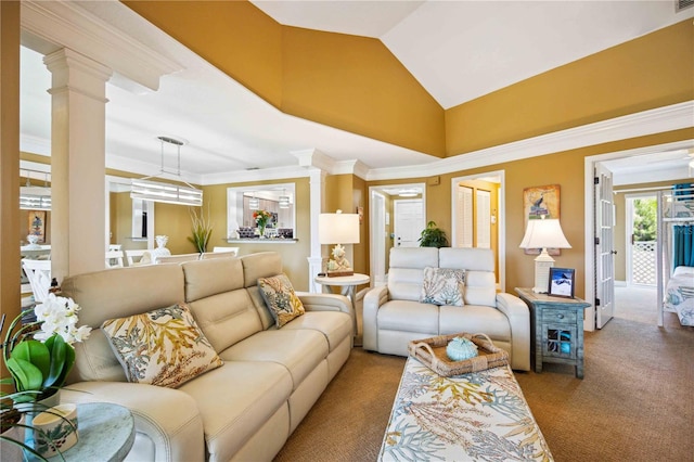 living room featuring ornate columns, crown molding, carpet floors, and high vaulted ceiling