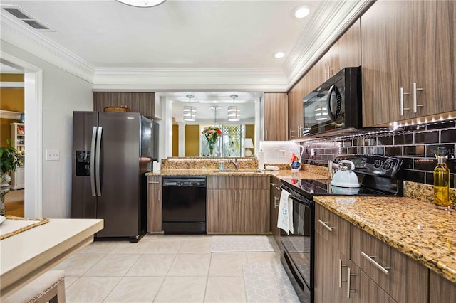 kitchen featuring backsplash, black appliances, crown molding, sink, and light tile patterned floors